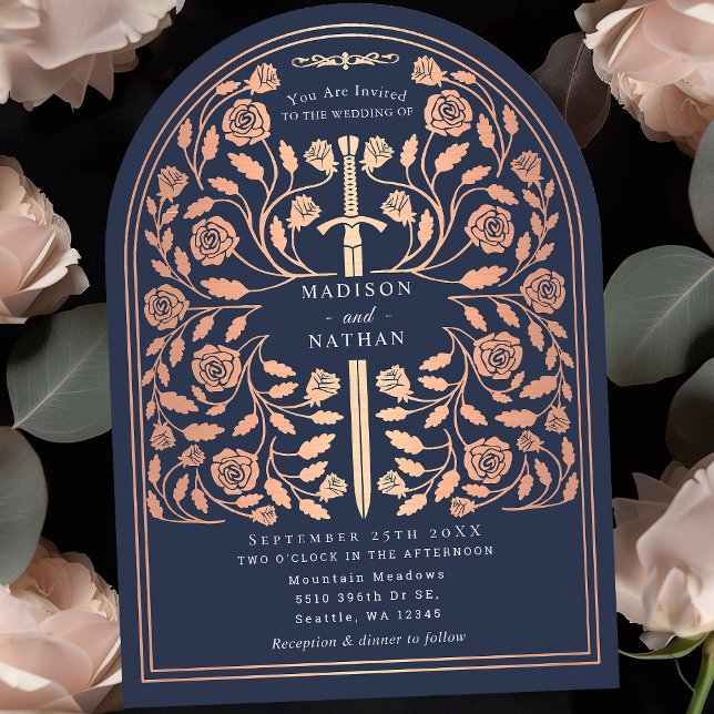 Blue Royal Mediaeval Rose Gold Sword Wedding Arch Invitation (Creator Uploaded)