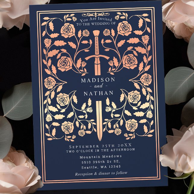 Blue Royal Mediaeval Rose Gold  Sword Wedding  Invitation (Creator Uploaded)
