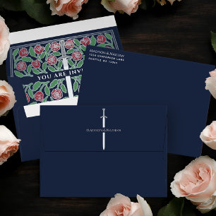 Blue Royal Mediaeval Silver Floral Sword Wedding Envelope