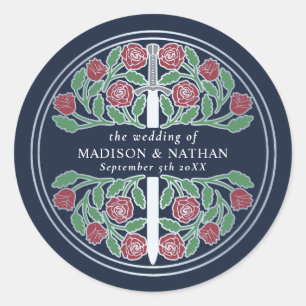 Blue Royal Mediaeval Silver Sword Wedding Classic Round Sticker