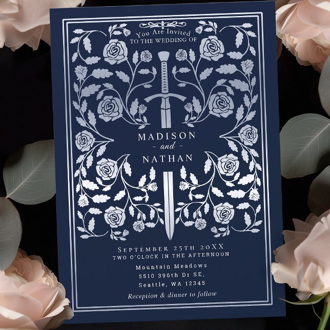 Blue Royal Mediaeval Silver Sword Wedding  Invitation (Creator Uploaded)