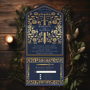 Blue Royal Mediaeval Sword Wedding  All In One Invitation