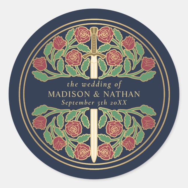 Blue Royal Mediaeval Sword Wedding  Classic Round Sticker (Front)