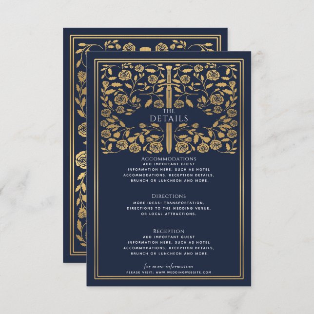 Blue Royal Mediaeval Sword Wedding Details  Enclosure Card (Front/Back)