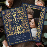 Blue Royal Mediaeval Sword Wedding Photo Save The Date<br><div class="desc">Set the stage for your fairytale wedding! These photo save-the-date cards feature a stunning mediaeval fantasy design of a gold sword surrounded by delicate florals on a deep blue background. Perfect for announcing your epic love story. Note that the gold featured in this design is NOT real foil and is...</div>