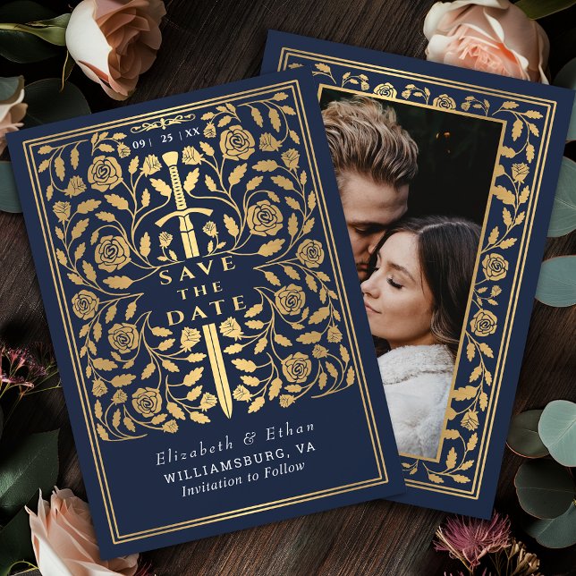 Blue Royal Mediaeval Sword Wedding Photo Save The Date (Creator Uploaded)
