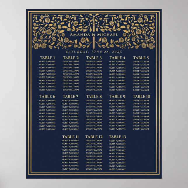 Blue Royal Mediaeval Sword Wedding Seating Chart (Front)
