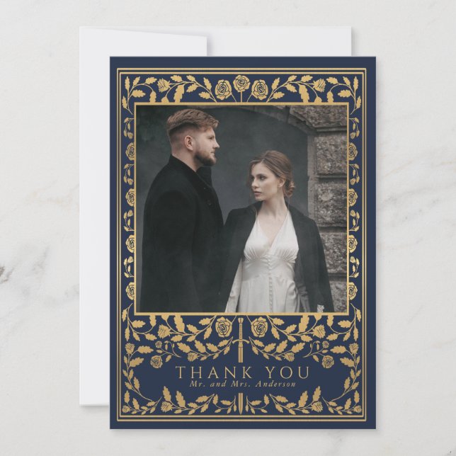 Blue Royal Mediaeval Sword Wedding  Thank You Card (Front)