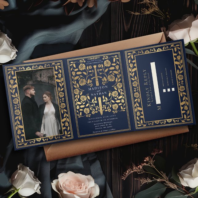 Blue Royal Mediaeval Sword Wedding Tri-Fold Invitation (Creator Uploaded)