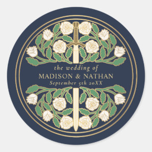 Blue Royal Mediaeval White Floral Sword Wedding Classic Round Sticker