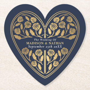 Blue Royal Medieval Gold Sword Wedding Paper Coaster
