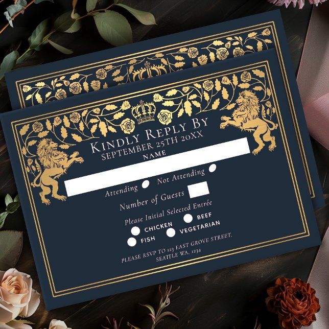 Blue Royal Medieval Lion Wedding RSVP Card (Creator Uploaded)