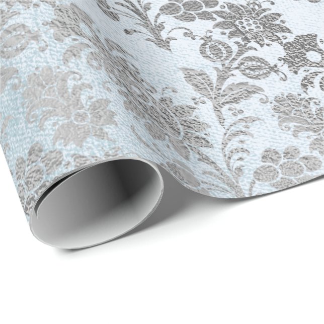 Blue Royal Silver Floral Powder Floral Rose Wrapping Paper (Roll Corner)