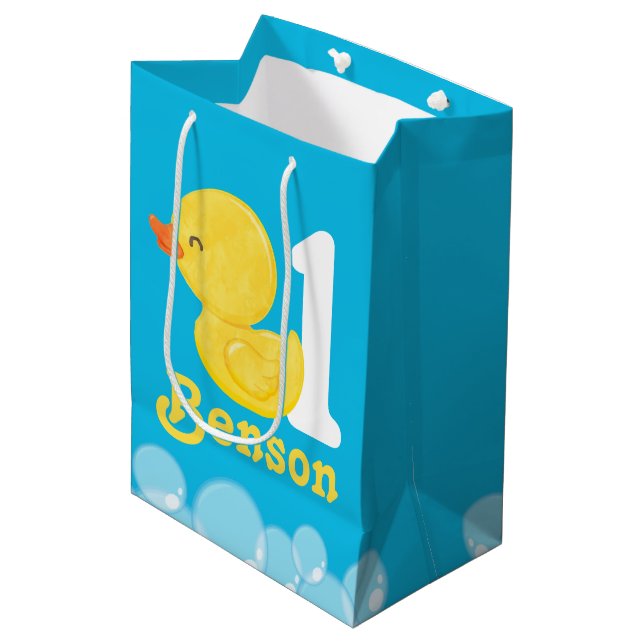 Blue Rubber Duck Personalised Birthday Medium Gift Bag (Front Angled)