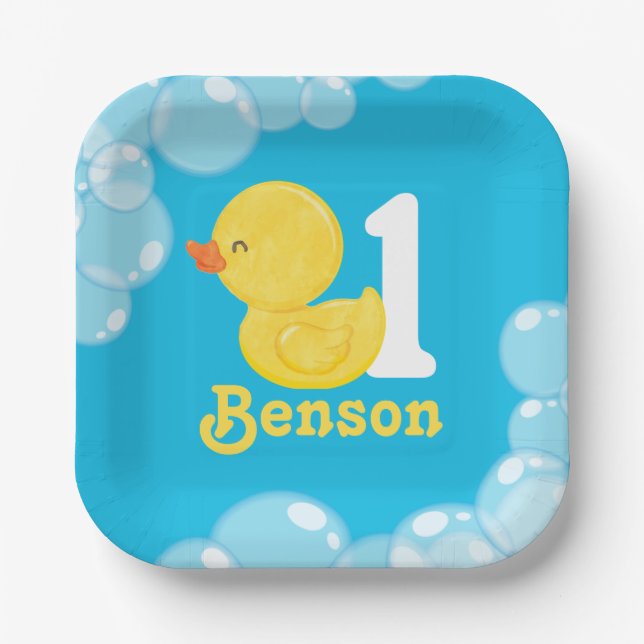 Blue Rubber Duck Personalised Birthday Paper Plate (Front)