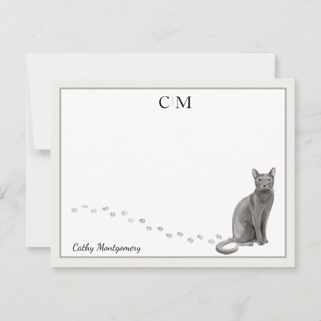 Blue Russian Cat Grey Border Monogram and Name Card (Front)