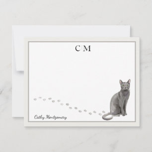 Blue Russian Cat Grey Border Monogram and Name Card