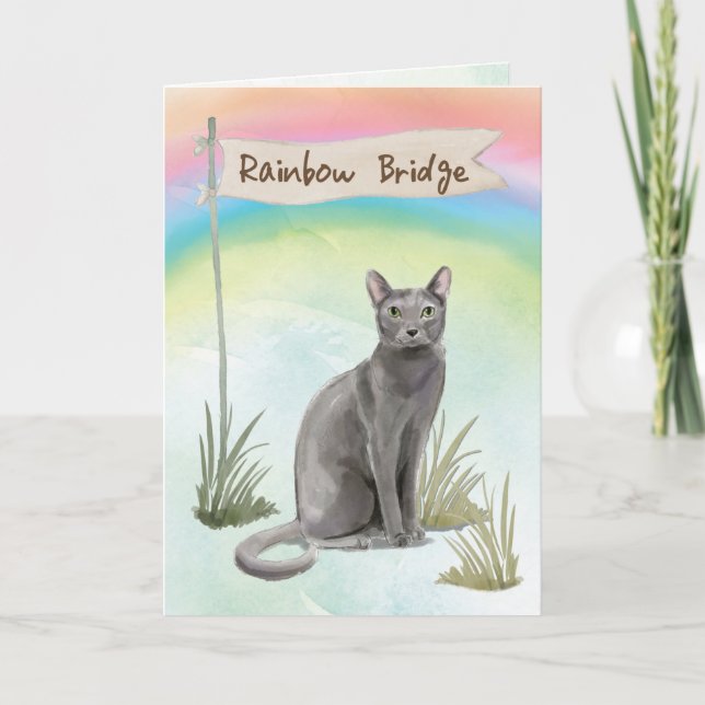 Blue Russian Cat Pet Sympathy Over Rainbow Bridge Card (Front)