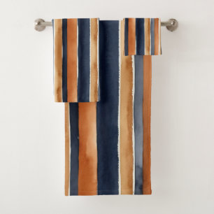 Blue rust and beige watercolor stripes bath towel set