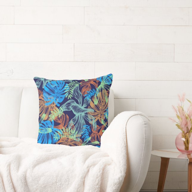 Blue & Rust Banana Leaf Motif Throw Pillow (Couch)