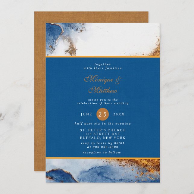 Blue Rust Copper Watercolor Agate Wedding Invitation (Front/Back)