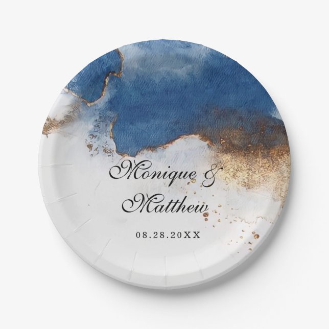 Blue Rust Copper Watercolor Agate Wedding Paper Plate (Front)