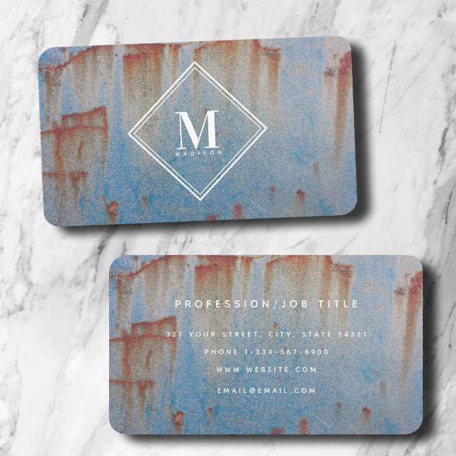 Blue Rust Metallic Texture Monogram Initial Business Card (Blue Rust Metallic Texture Monogram Initial Business Card)