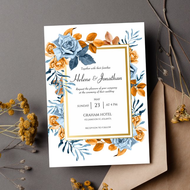Blue Rust Watercolor Floral Elegant Wedding Invitation (Indigo Rust Floral Watercolor Boho Wedding Invitation)