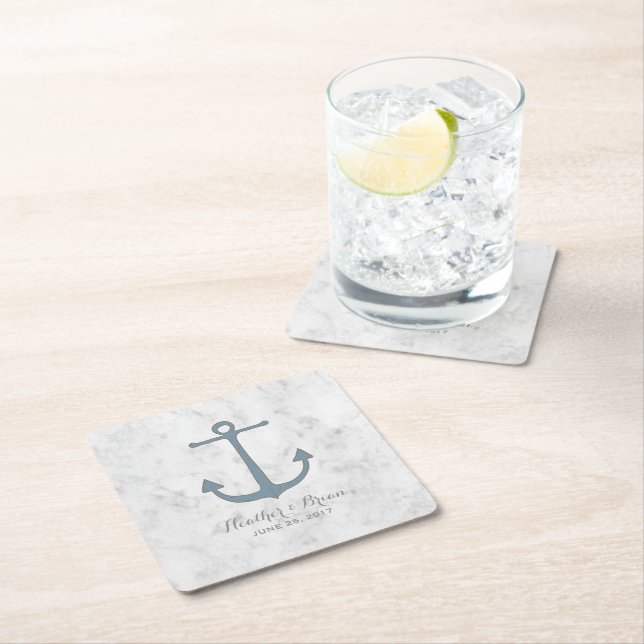 Blue Rustic Anchor Wedding Square Paper Coaster (Insitu)