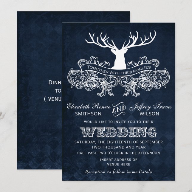 Blue Rustic Antler Deer Woodland Wedding Invitation (Front/Back)