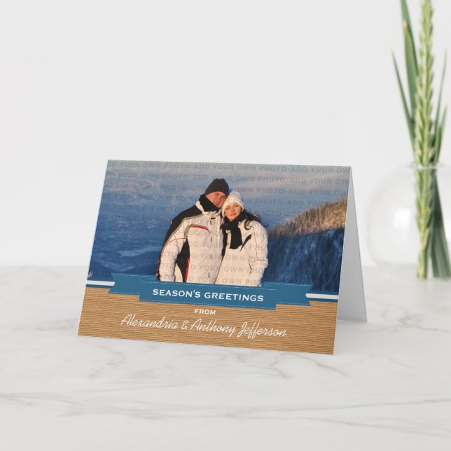 Blue Rustic Banner Photo Greeting Card (Front)