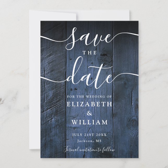 Blue Rustic Barn Wood Boho Chic Wedding  Save The Date (Front)