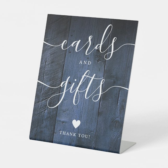 Blue Rustic Barn Wood Script Cards And Gifts Pedestal Sign (Front)