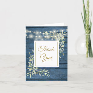 Blue Rustic Barn Wood String Lights Greenery Photo Thank You Card