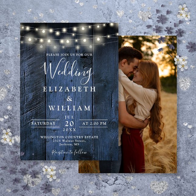 Blue Rustic Barn Wood String Lights Photo Wedding Invitation (Blue Rustic Barn Wood String Lights Photo Wedding Invitation)