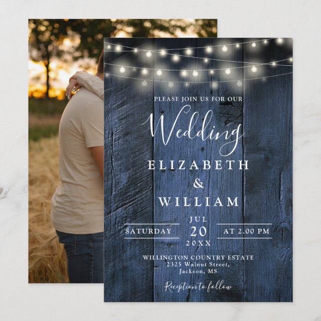 Blue Rustic Barn Wood String Lights Photo Wedding Invitation (Front/Back)