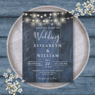 Blue Rustic Barn Wood String Lights Wedding Invitation