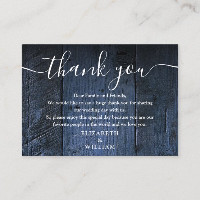 Blue Rustic Barn Wood Wedding Thank You Place Card (Front)