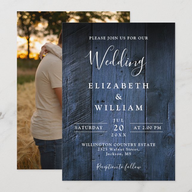 Blue Rustic Boho Barn Wood Photo Wedding Invitation (Front/Back)