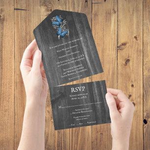 Blue Rustic Butterfly All in One Wedding Invite
