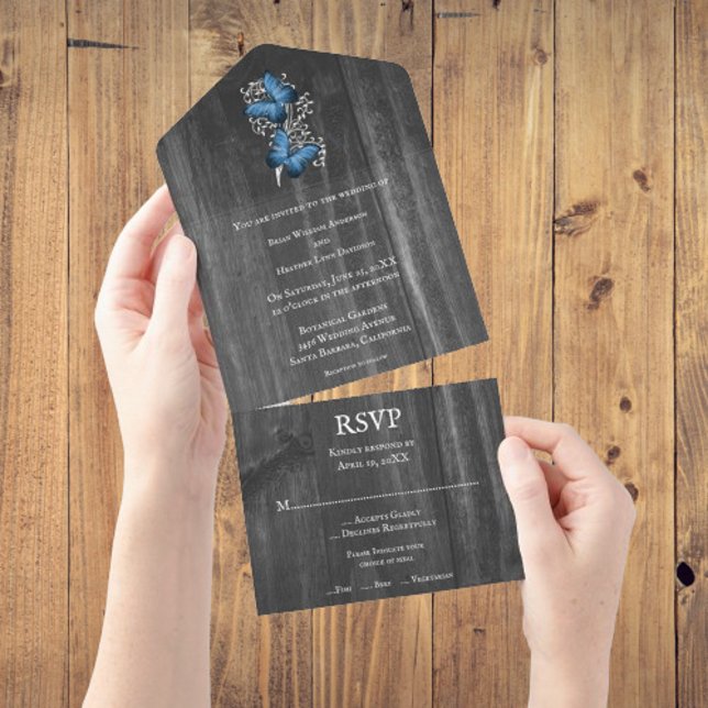 Blue Rustic Butterfly All in One Wedding Invite (Blue Rustic Butterfly All In One Wedding Invite)