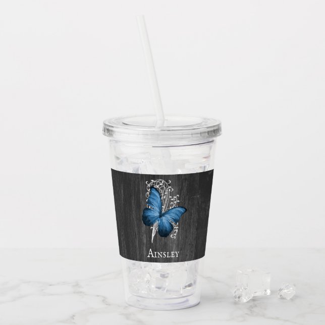 Blue Rustic Butterfly Personalised Acrylic Tumbler (Front Ice)