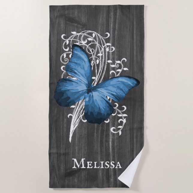 Blue Rustic Butterfly Personalised Beach Towel (Front)