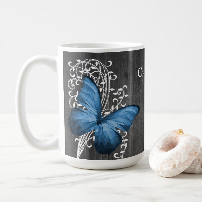 Blue Rustic Butterfly Personalised Coffee Mug (With Donut)