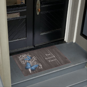 Blue Rustic Butterfly Personalised Doormat