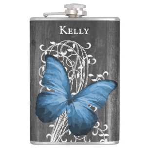 Blue Rustic Butterfly Personalised Flask
