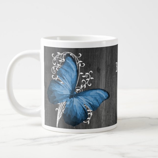 Blue Rustic Butterfly Personalised Large Coffee Mug (Left)