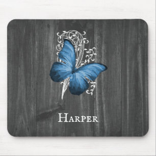 Blue Rustic Butterfly Personalised Mouse Pad