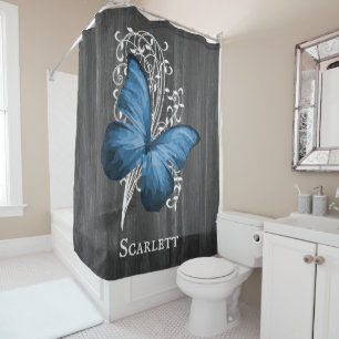 Blue Rustic Butterfly Personalised Shower Curtain