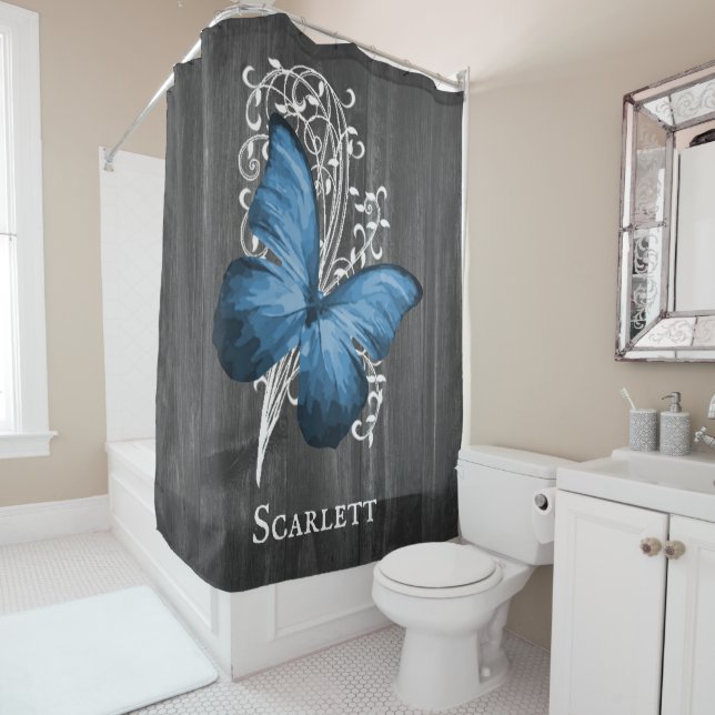 Blue Rustic Butterfly Personalised Shower Curtain (In Situ)